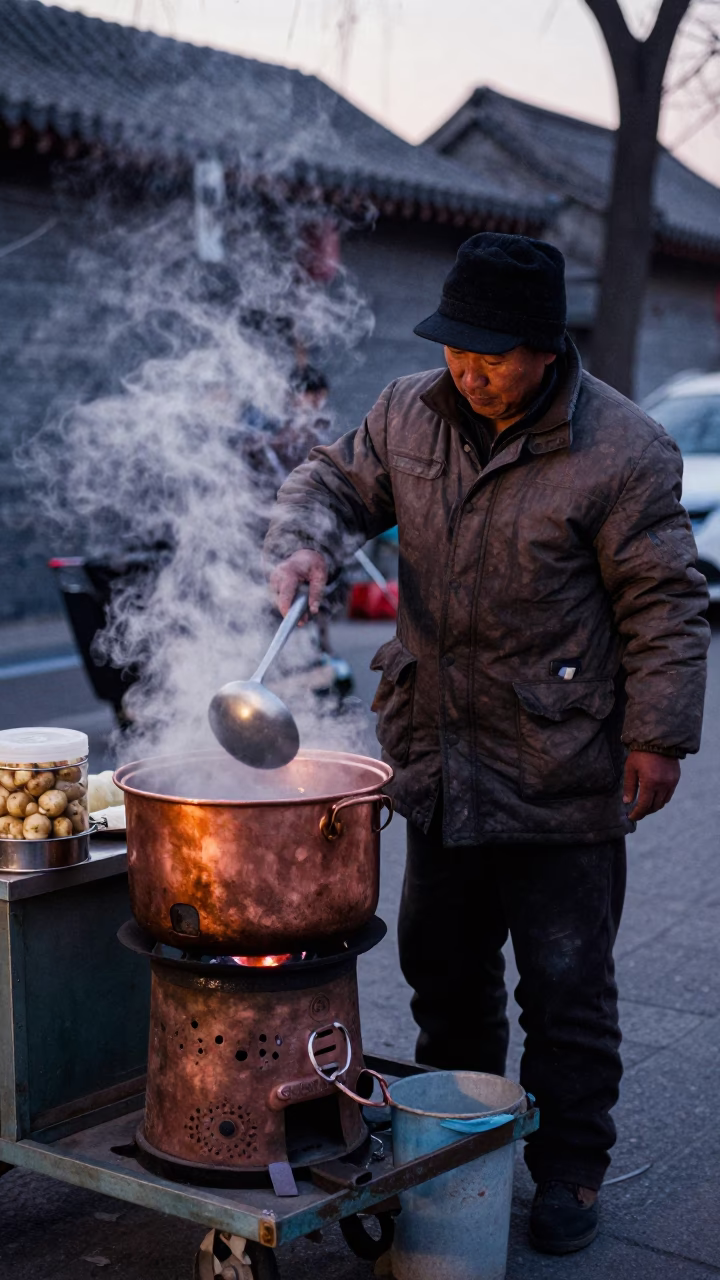 Street Vendor Serving Hot Turnips and Coal Stove in Beijing Before Dusk in in Beijing, China
