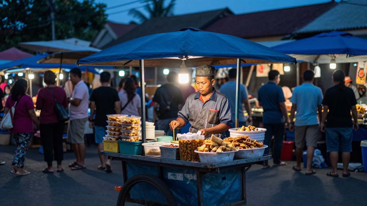 Street Vendor Serving Indonesian Snacks at Dusk in Yogyakarta Market in in Yogyakarta, Indonesia