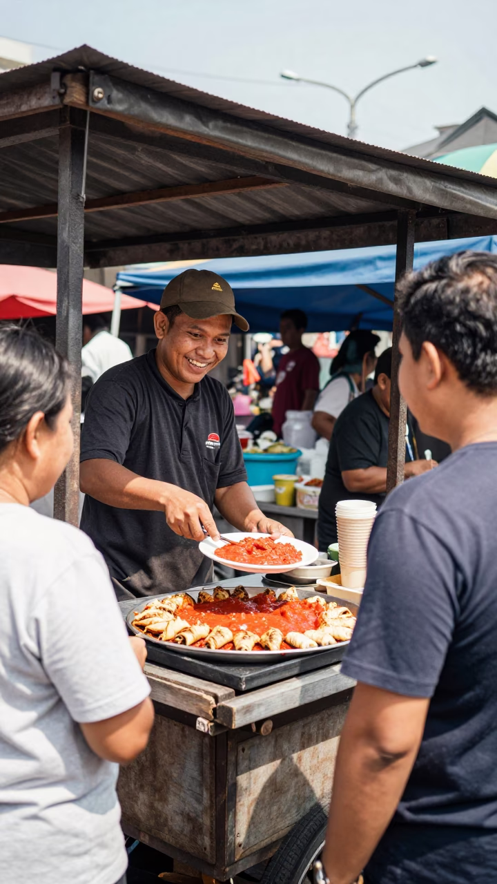 Street Vendor Serving Iskender Kebab in Surabaya Indonesia Midday Market in in Surabaya, Indonesia
