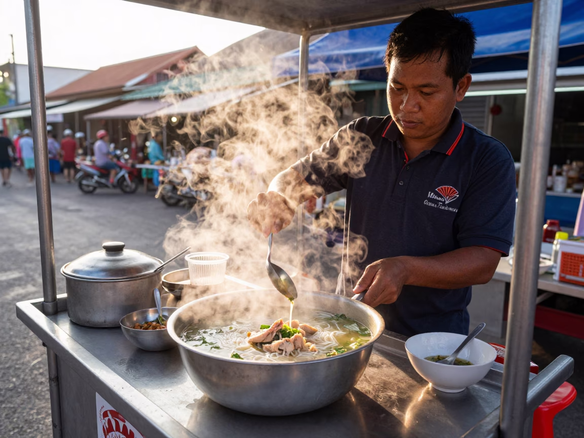 Street Vendor Serving Khao Piak Sen Soup in Phuket Thailand Late Morning in in Phuket, Thailand
