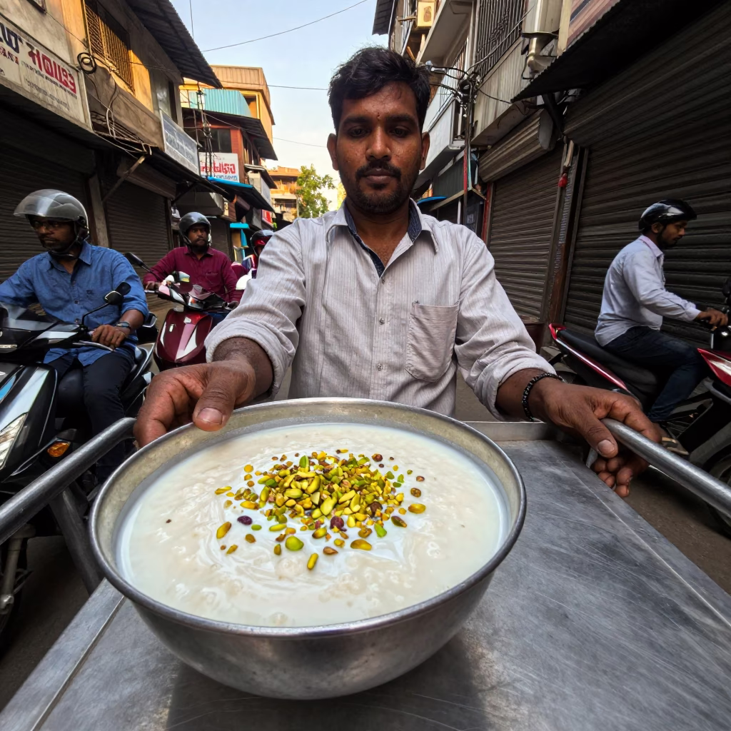 Street Vendor Serving Kheer Sagar with Pistachios in Late Afternoon Mumbai in in Mumbai, India