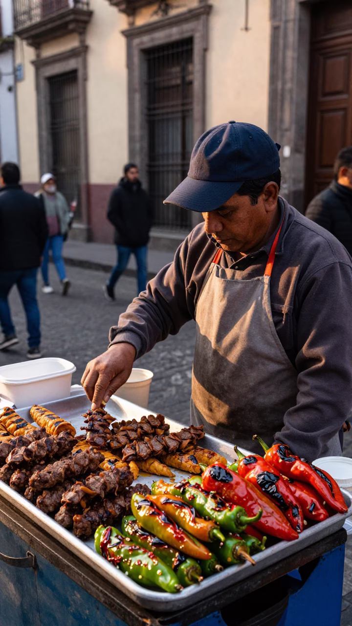 Street vendor serving kofte with grilled peppers in Mexico City at dawn in in Mexico City, Mexico
