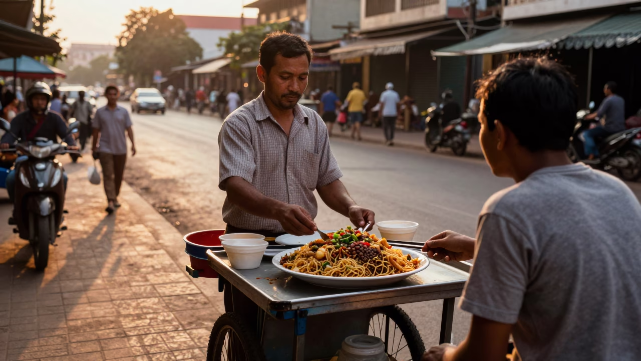 Street Vendor Serving Koshari in Phnom Penh Cambodia During Honeyed Evening Light in in Phnom Penh, Cambodia