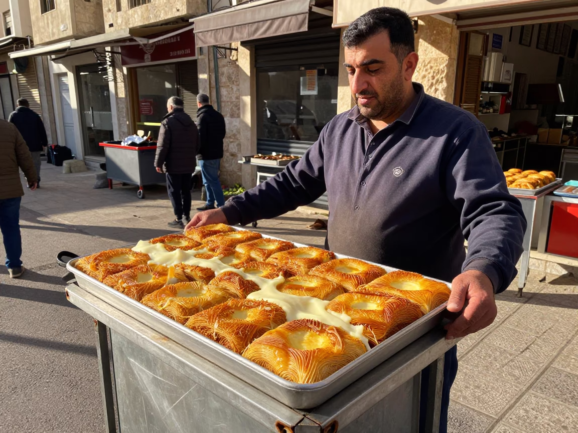 Street Vendor Serving Kunafa With Melted Cheese in Downtown Amman Jordan Late Morning in in Amman, Jordan