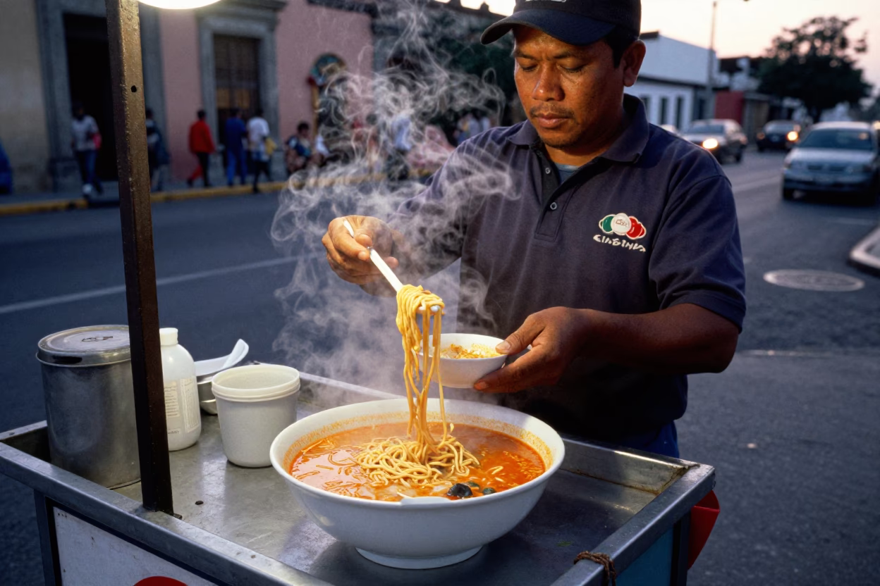 Street Vendor Serving Laksa Lemak in Mexico City at Nautical Dawn in in Mexico City, Mexico