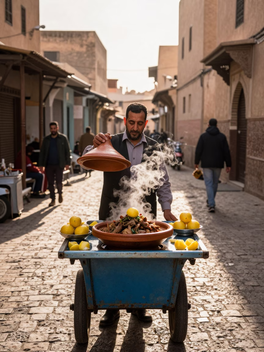 Street Vendor Serving Lamb Tagine with Preserved Lemon in Fez Morocco Late Afternoon in in Fez, Morocco