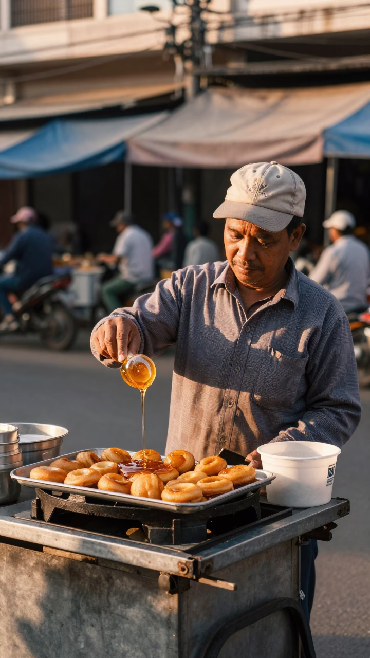 Street Vendor Serving Loukoumades with Honey in Phnom Penh Late Afternoon in in Phnom Penh, Cambodia