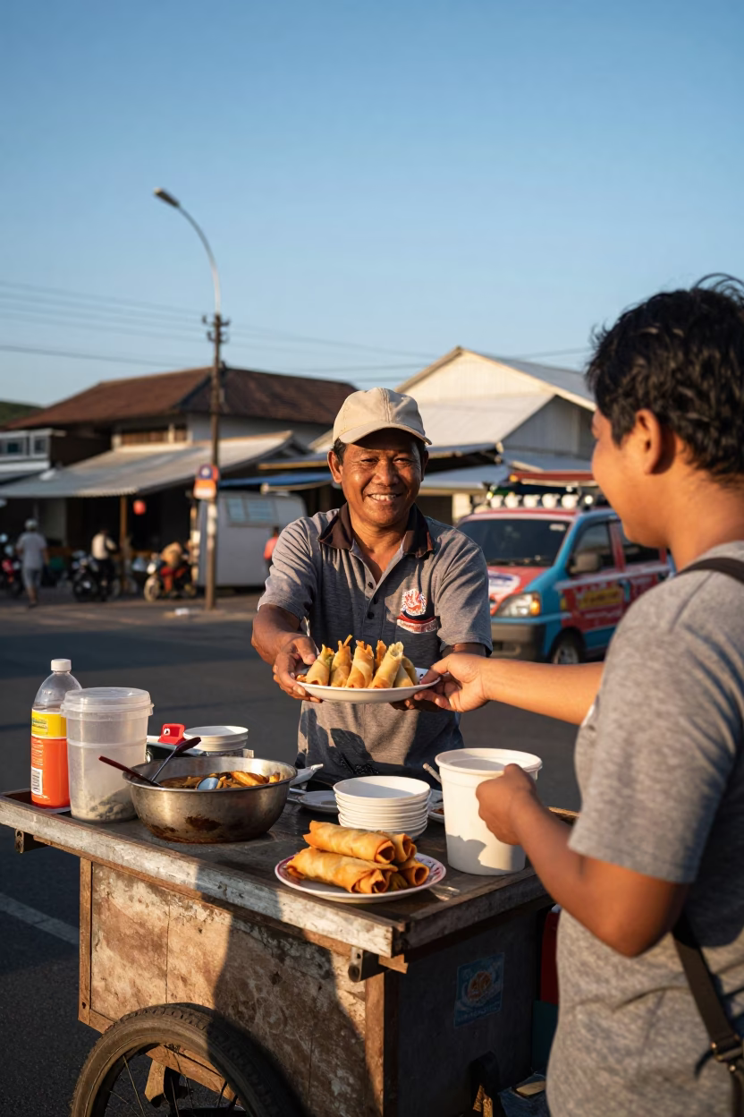 Street Vendor Serving Lumpia Spring Rolls in Late Afternoon Phuket Thailand in in Phuket, Thailand