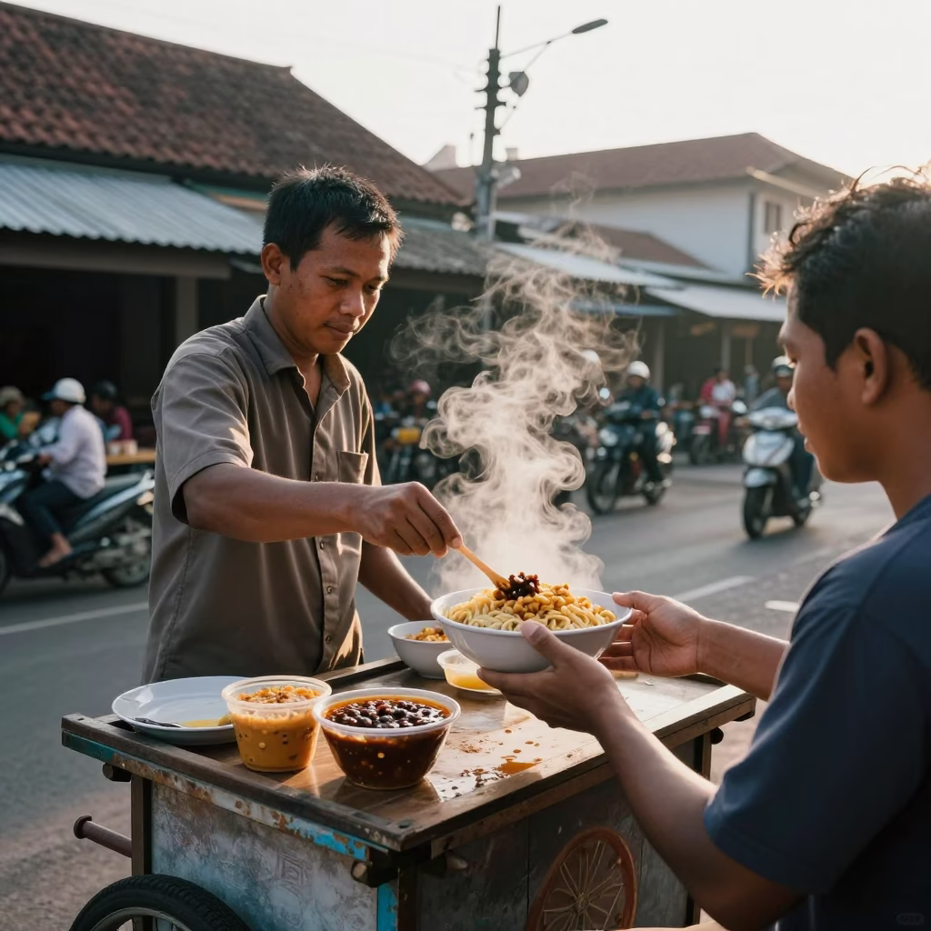 Street Vendor Serving Maafe with Peanut Sauce in Late Afternoon Light Yogyakarta Indonesia in in Yogyakarta, Indonesia