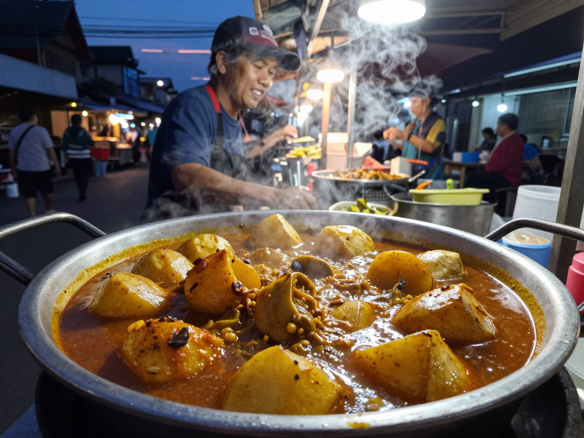Street Vendor Serving Massaman Curry with Potatoes in Chiang Mai at Dusk in in Chiang Mai, Thailand