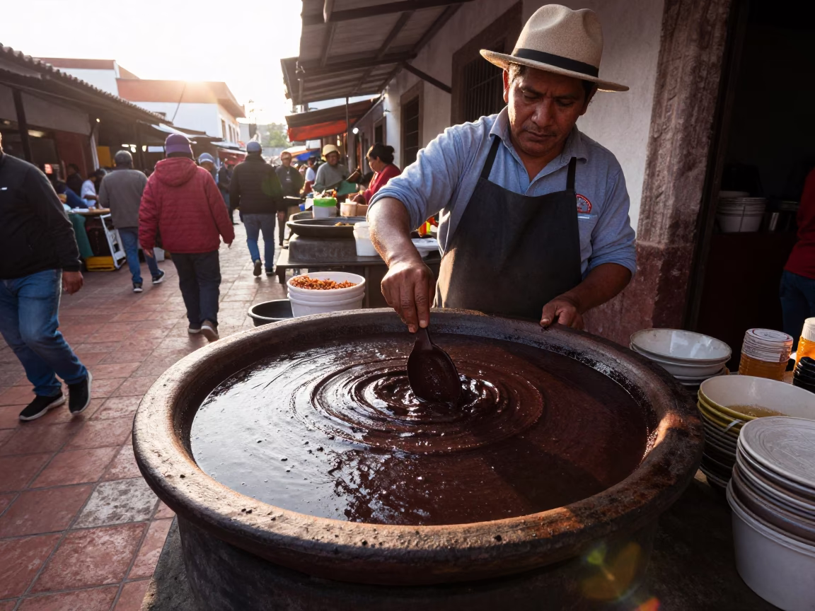 Street Vendor Serving Mole Poblano with Dark Sauce in Oaxaca Mexico at Sunrise in in Oaxaca, Mexico