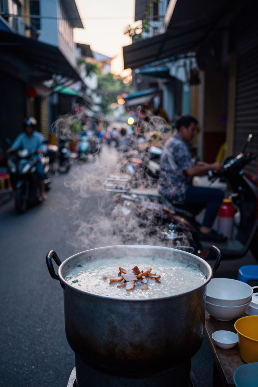 Street Vendor Serving Morning Congee in Ho Chi Minh City Before Sunrise in in Ho Chi Minh City, Vietnam