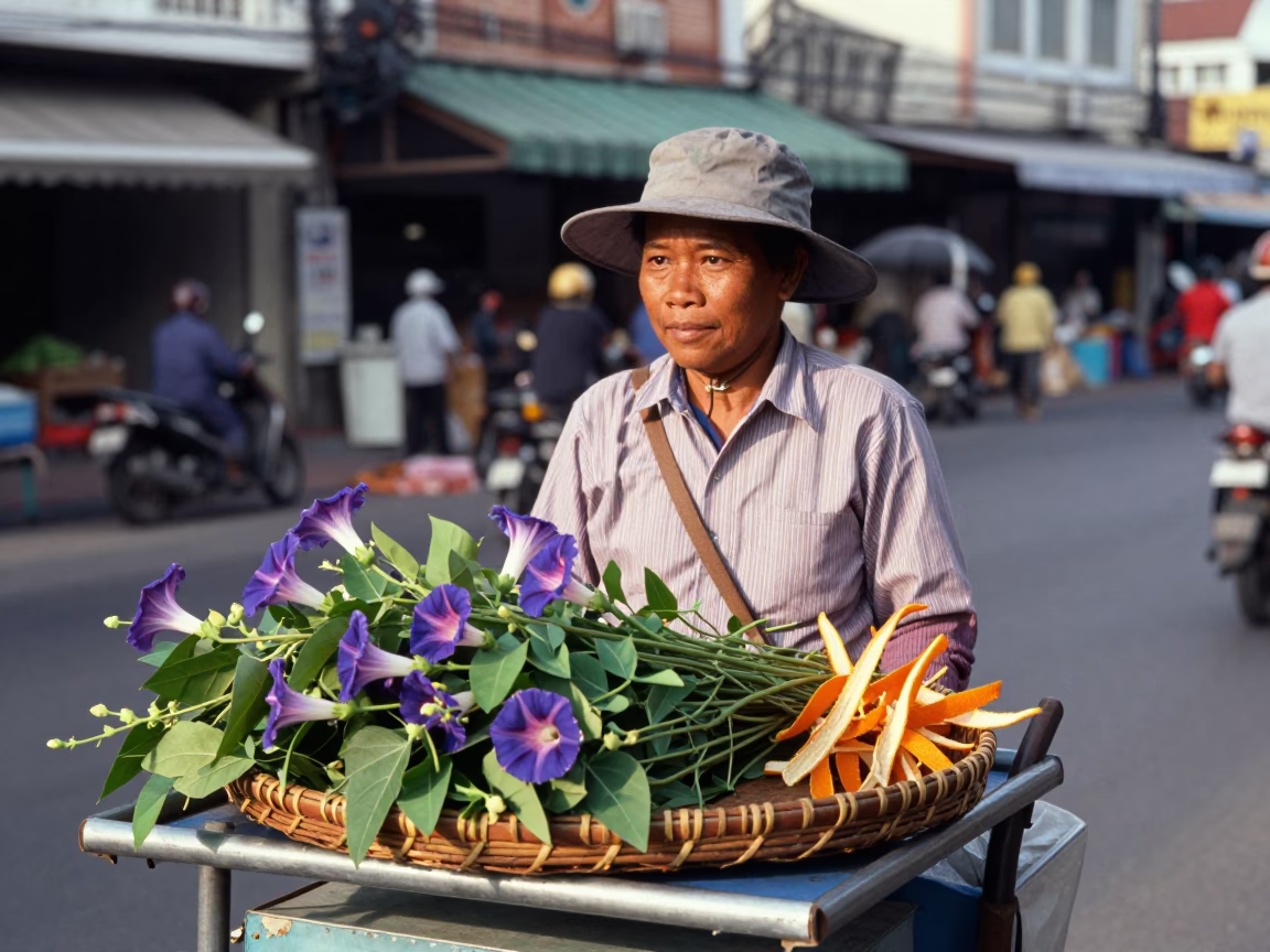 Street Vendor Serving Morning Glory and Orange Peel in Phuket Thailand Afternoon in in Phuket, Thailand