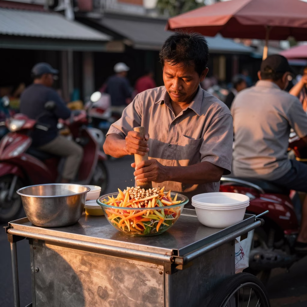 Street Vendor Serving Papaya Salad with Peanuts in Denpasar Indonesia Before Dusk in in Denpasar, Indonesia