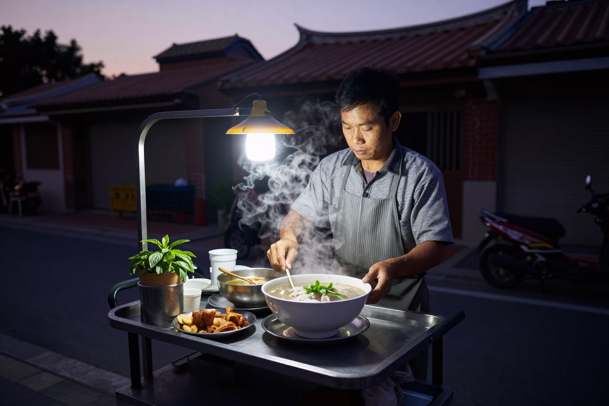 Street Vendor Serving Pho Tai in Tainan Taiwan Before Dawn Light in in Tainan, Taiwan