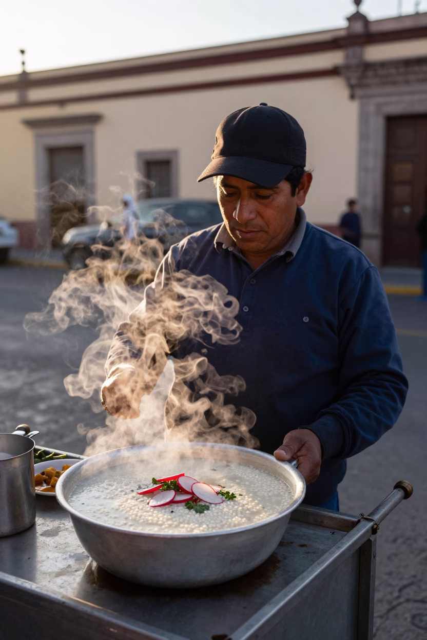 Street Vendor Serving Pozole with Radish and Oregano at Dawn in Guadalajara Mexico in in Guadalajara, Mexico