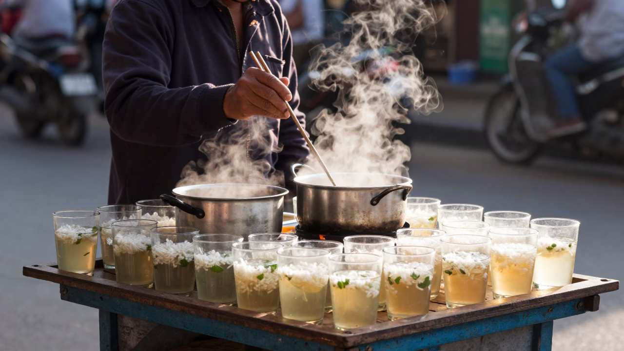 Street Vendor Serving Rice Noodle Soup in Phnom Penh Cambodia Late Morning in in Phnom Penh, Cambodia