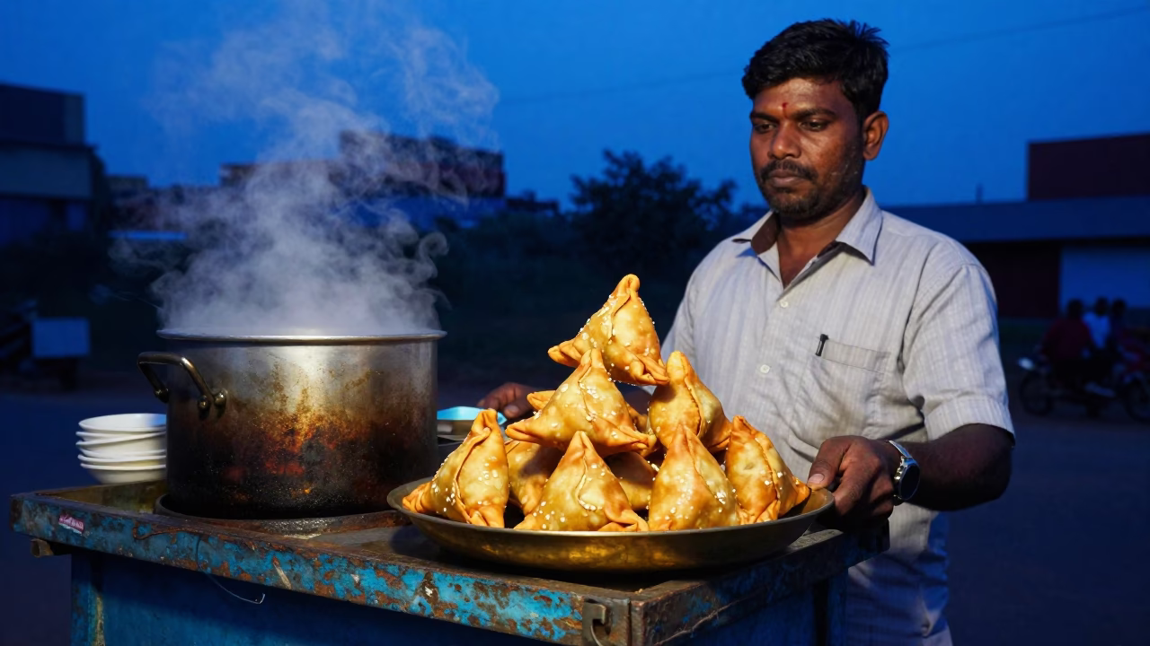 Street Vendor Serving Samosas on Brass Plate in Chennai India Indigo Twilight in in Chennai, India