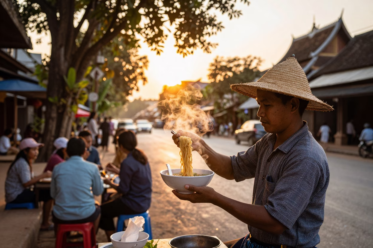 Street Vendor Serving Shan Noodles at Sunset in Luang Prabang Laos in in Luang Prabang, Laos