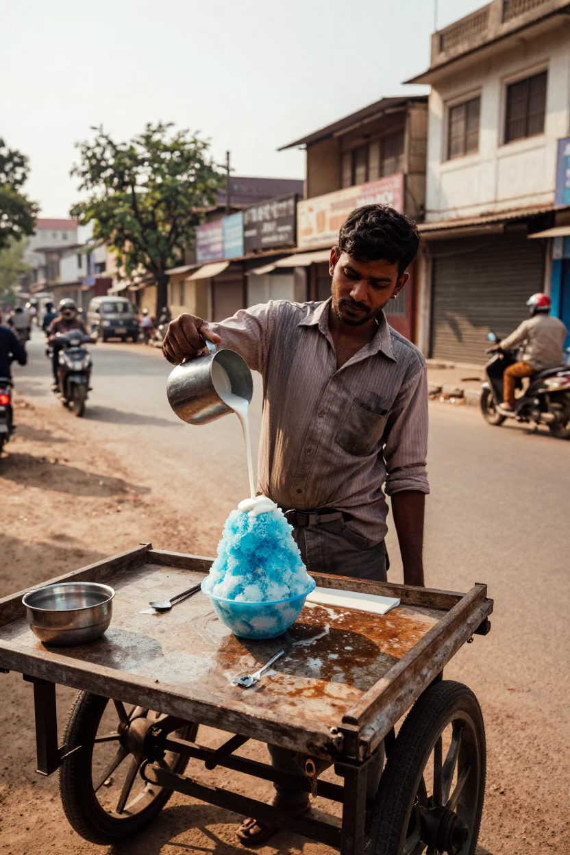 Street Vendor Serving Shaved Ice in Hyderabad Early Afternoon in in Hyderabad, India