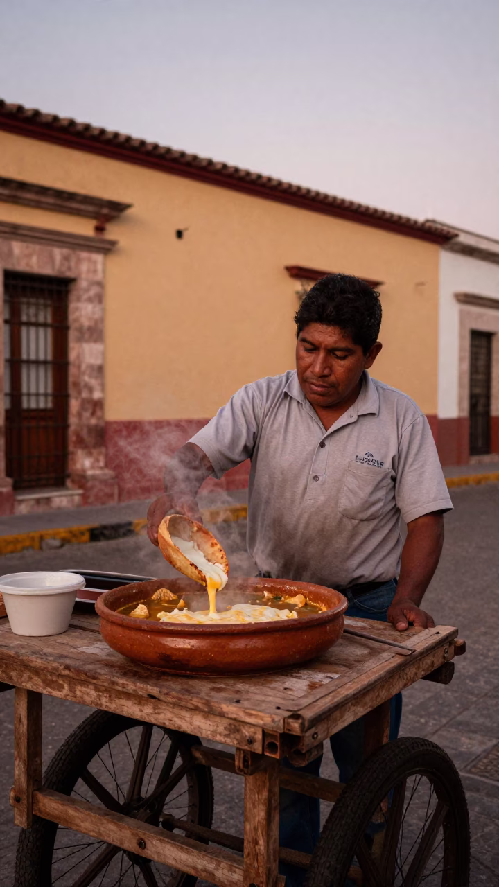 Street Vendor Serving Sopa de Tortilla in Merida Mexico Before Dusk in in Merida, Mexico