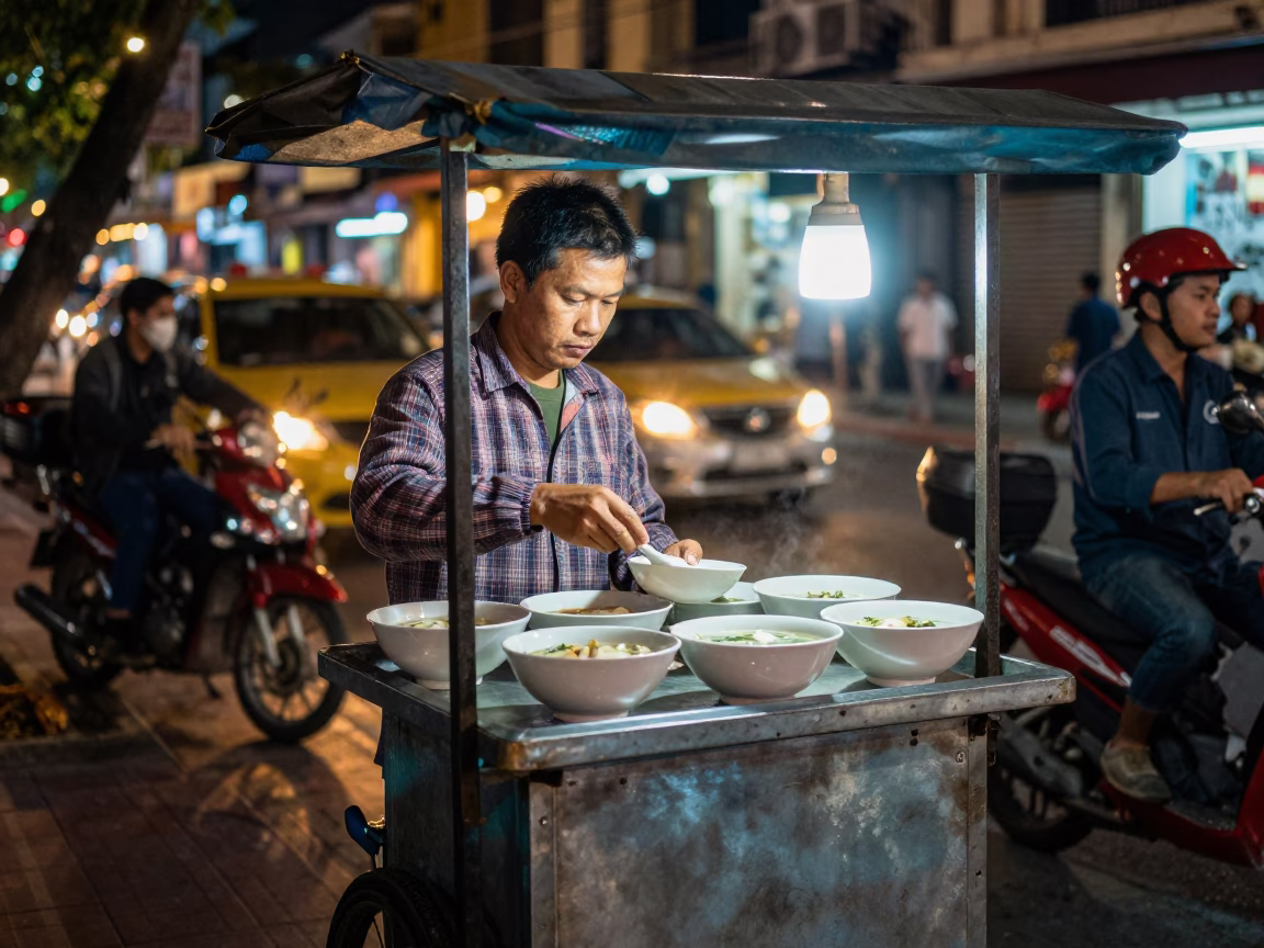 Street Vendor Serving Soup Bowls Under City Lights in Ho Chi Minh City Vietnam in in Ho Chi Minh City, Vietnam