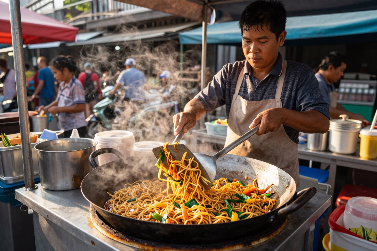 Street Vendor Serving Spatula Fried Noodles in Bangkok Late Afternoon Light in in Bangkok, Thailand