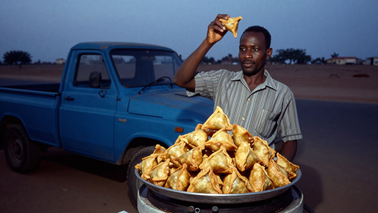 Street Vendor Serving Spiced Meat Sambusa in Dakar Senegal at Twilight in in Dakar, Senegal
