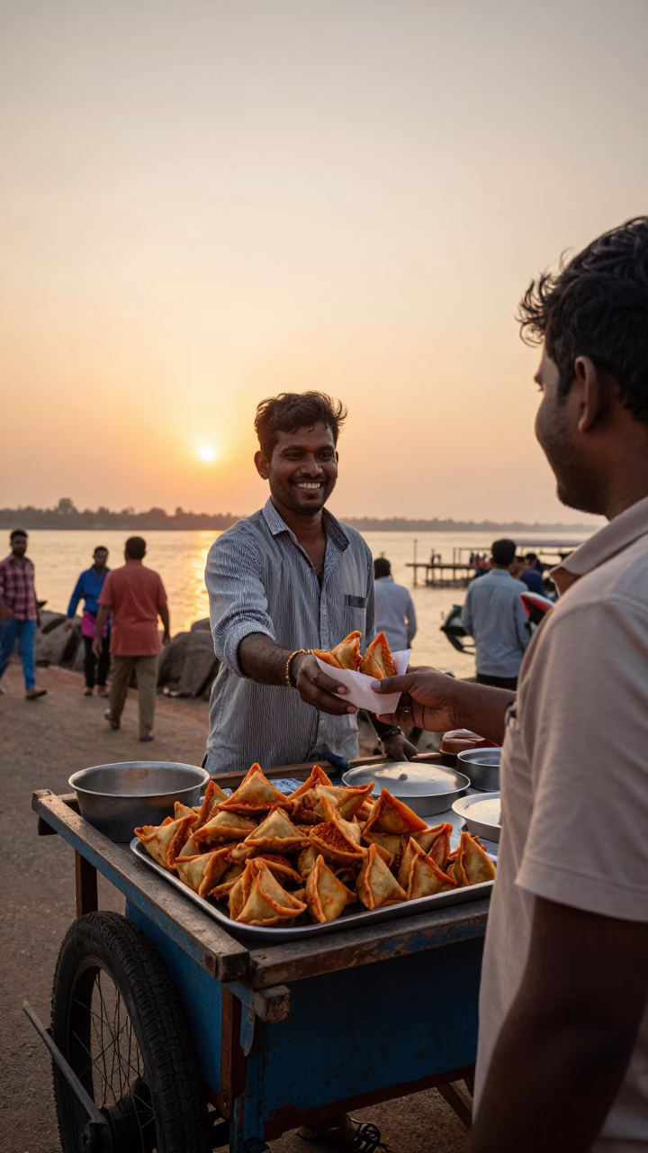 Street Vendor Serving Spiced Sambusa in Kochi India During Golden Hour Sunset in in Kochi, India