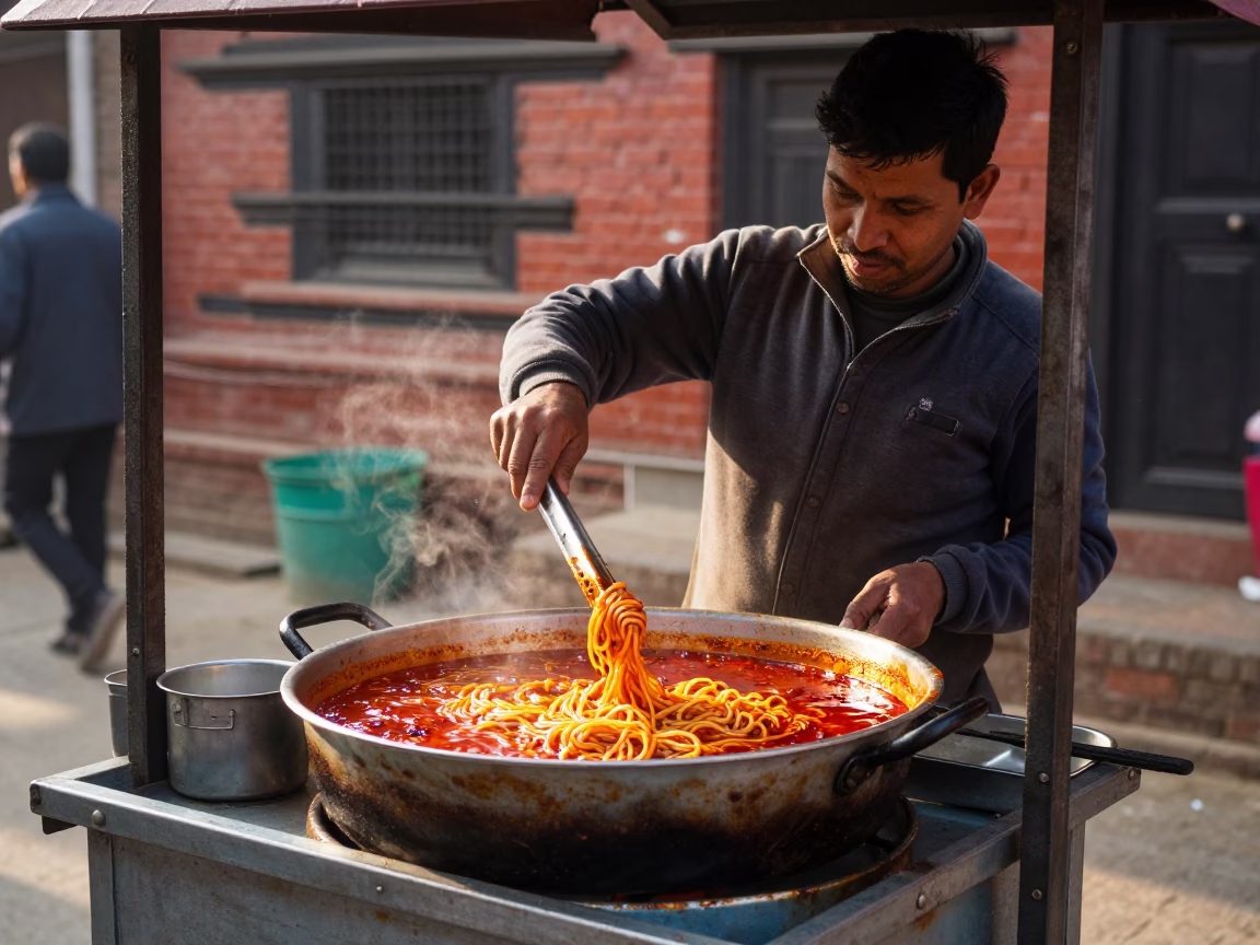 Street Vendor Serving Spicy Bibim Guksu in Kathmandu Nepal Late Morning in in Kathmandu, Nepal
