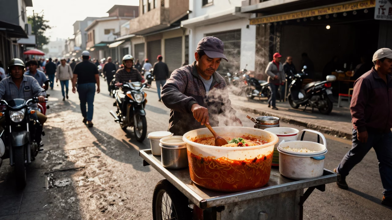 Street vendor serving spicy bibim guksu in Lima Peru late afternoon in in Lima, Peru