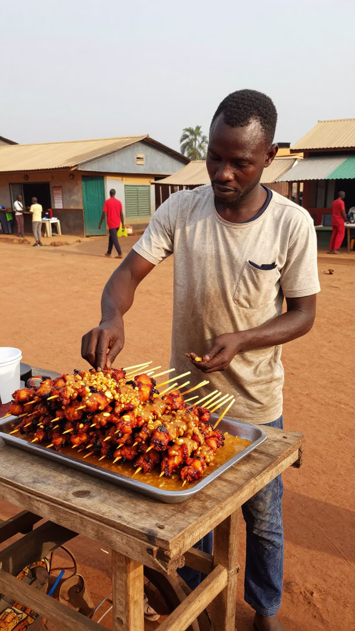 Street Vendor Serving Spicy Chicken Skewers with Peanut Sauce in Accra Ghana Late Afternoon in in Accra, Ghana