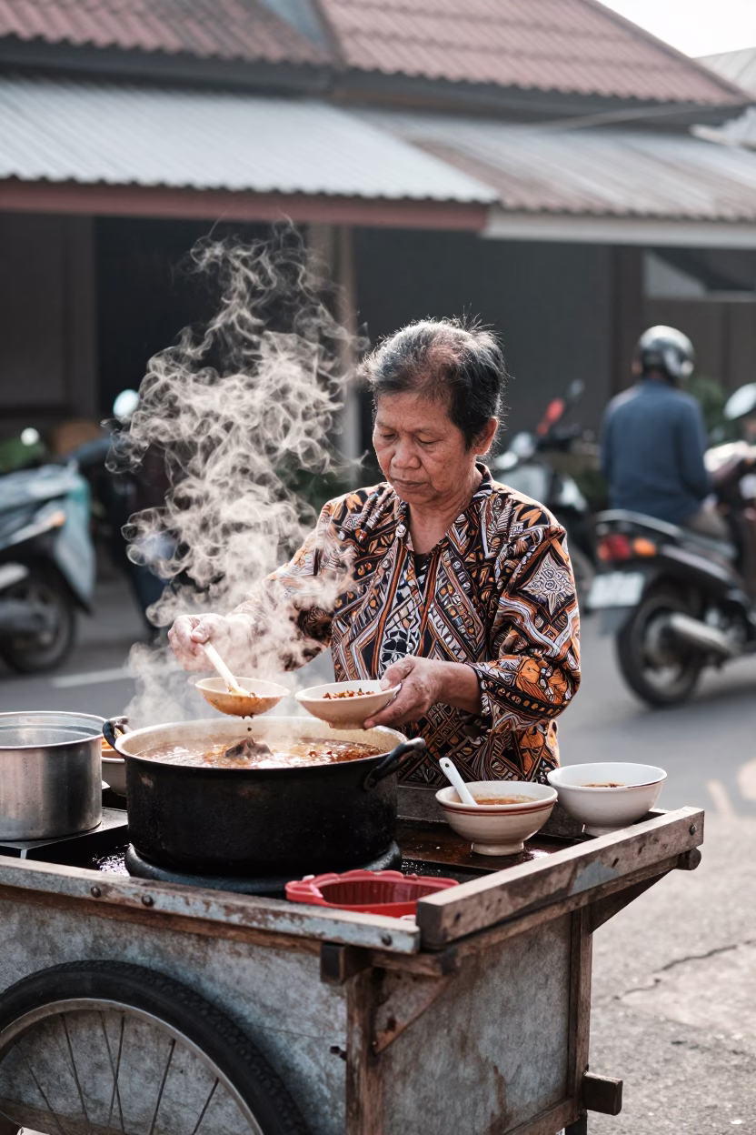 Street Vendor Serving Spicy Goat Pepper Soup in Yogyakarta Indonesia Afternoon in in Yogyakarta, Indonesia