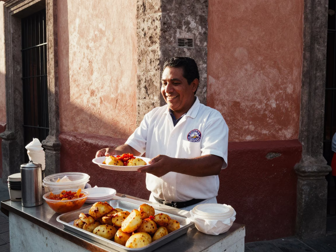 Street Vendor Serving Spicy Potato Patties with Chutney in Mexico City Just After Sunrise in in Mexico City, Mexico