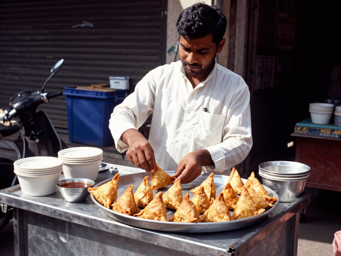 Street Vendor Serving Spicy Samosas and Chutney in Busy Delhi Market Midmorning in in Delhi, India