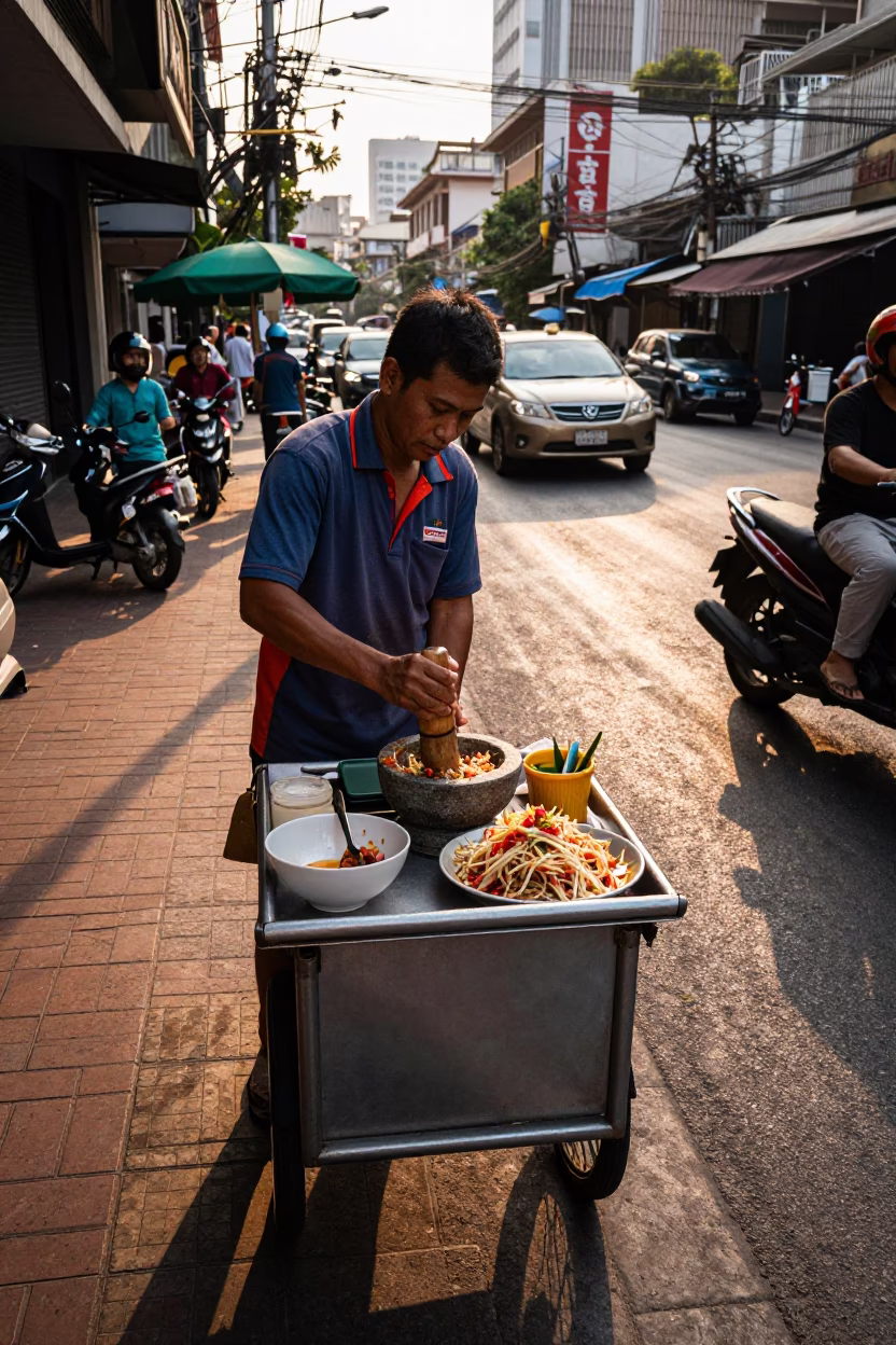 Street vendor serving spicy Thai papaya salad at sunset in Bangkok Thailand in in Bangkok, Thailand