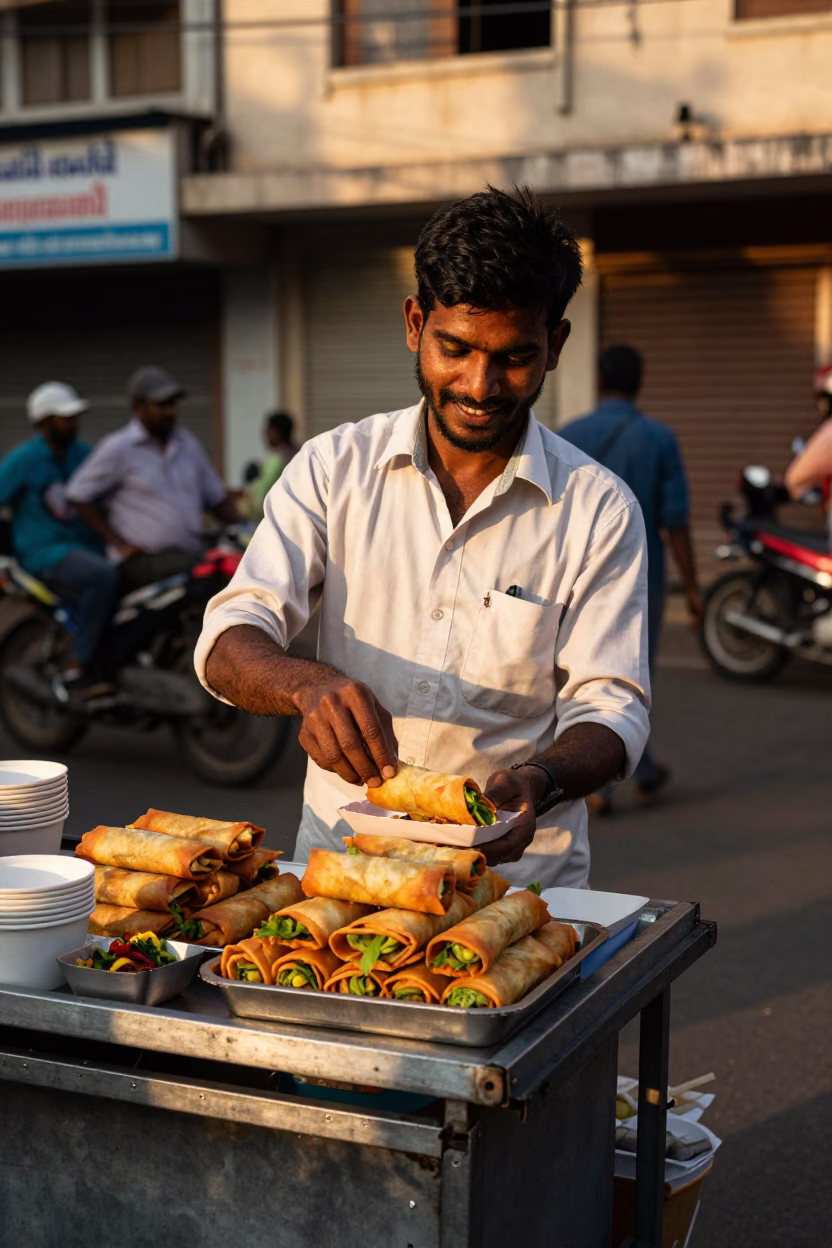 Street Vendor Serving Spring Rolls in Chennai at Sunset with Local Customers in in Chennai, India