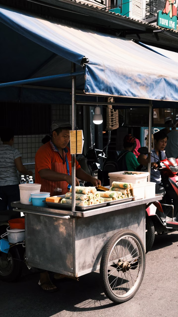 Street Vendor Serving Spring Rolls Under Harsh Bangkok Noon Sun in Thailand in in Bangkok, Thailand