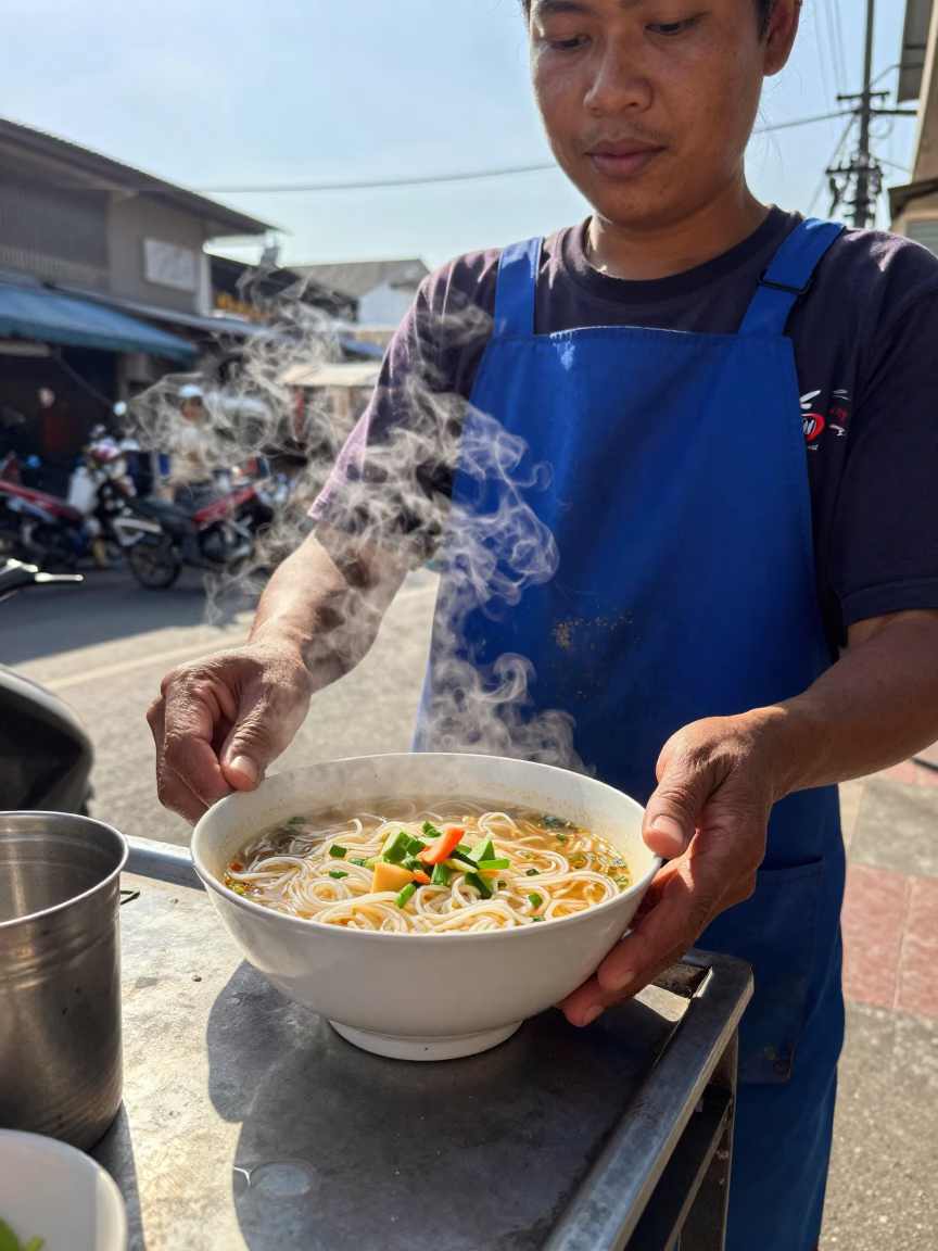 Street Vendor Serving Steaming Bowl in Bangkok Noon Light in in Bangkok, Thailand