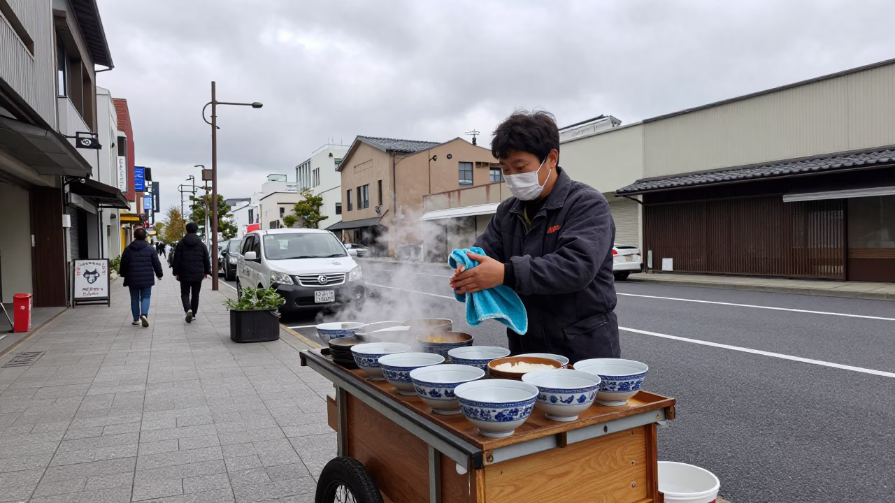 Street vendor serving steaming bowls in Fukuoka under gray overcast sky in in Fukuoka, Japan
