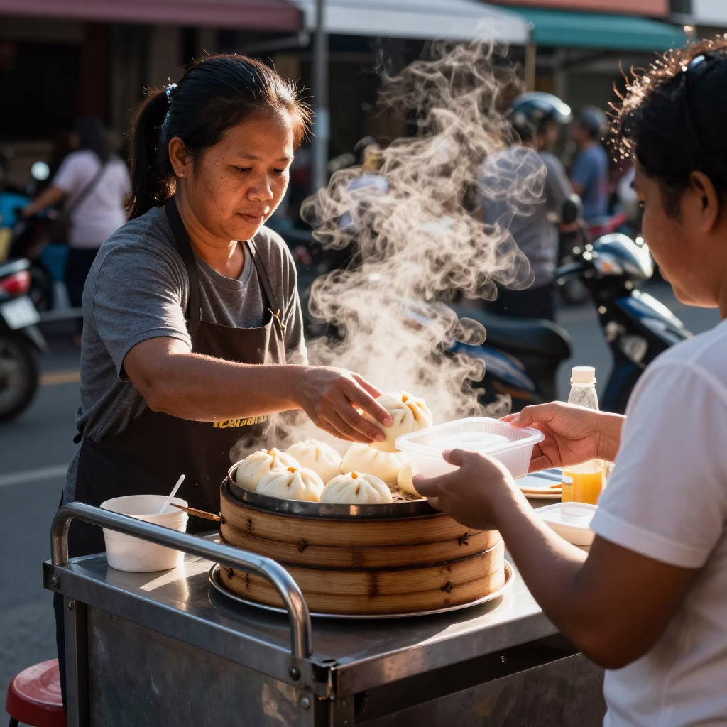 Street Vendor Serving Steaming Dim Sum in Phuket Thailand Early Afternoon in in Phuket, Thailand