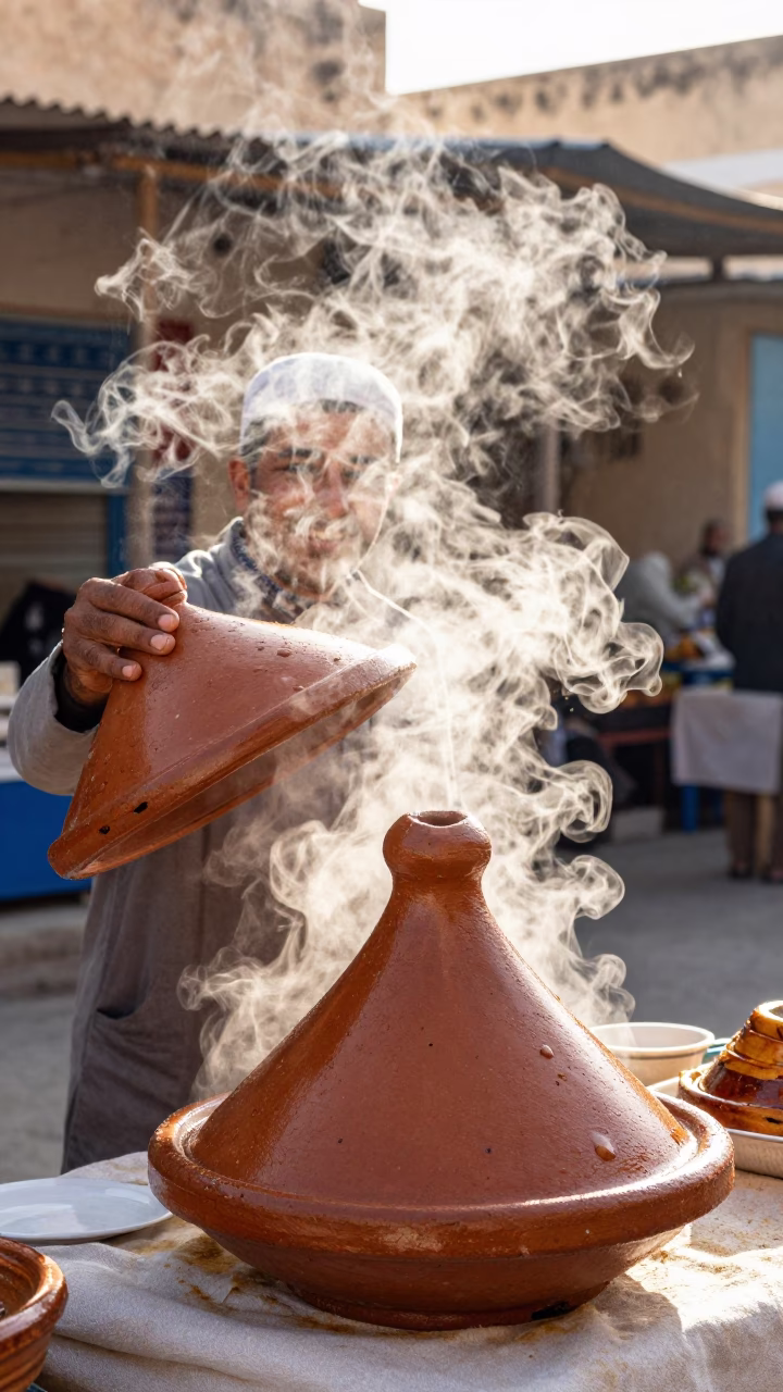 Street vendor serving steaming Moroccan tagine with linen napkin in Tunis Tunisia early afternoon in in Tunis, Tunisia