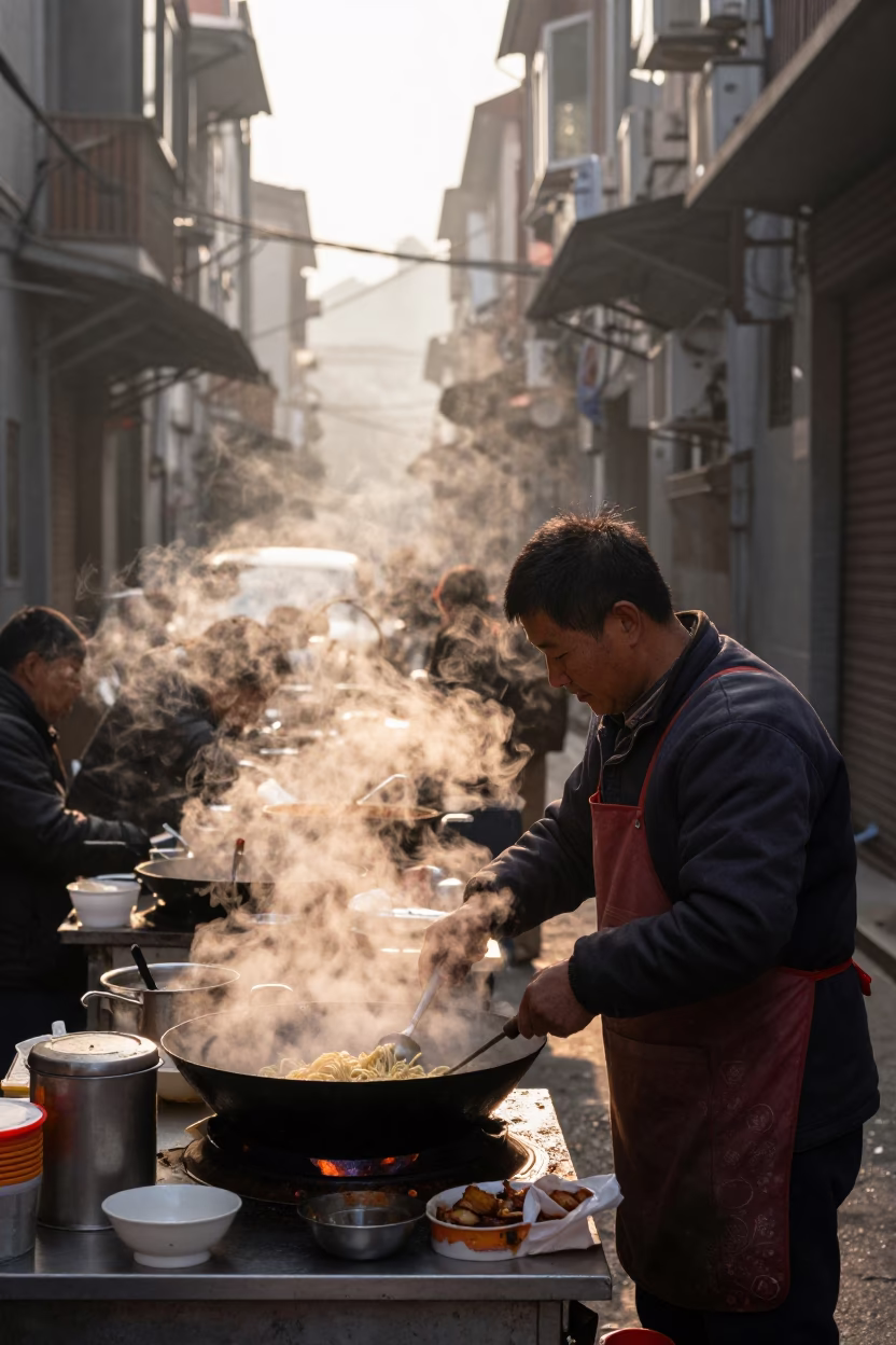Street Vendor Serving Steaming Noodles at Nautical Dawn in Shanghai China in in Shanghai, China