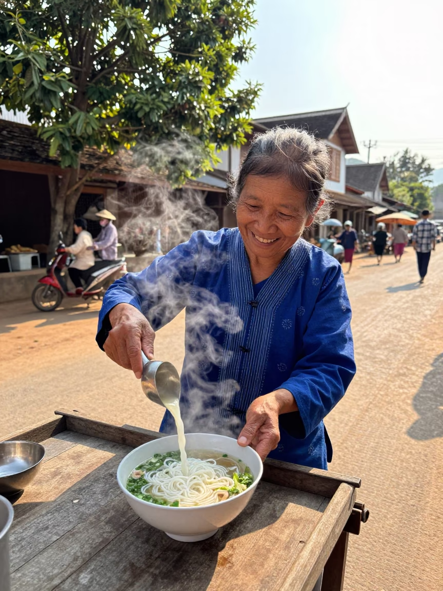 Street Vendor Serving Steaming Rice Noodles in Luang Prabang Laos Early Afternoon in in Luang Prabang, Laos