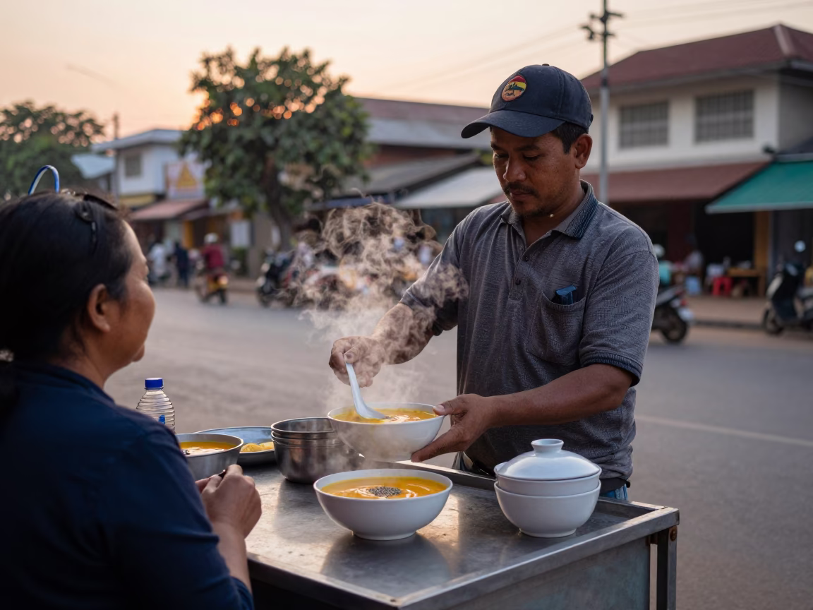 Street Vendor Serving Steaming Soup at Sunset in Phnom Penh Cambodia in in Phnom Penh, Cambodia