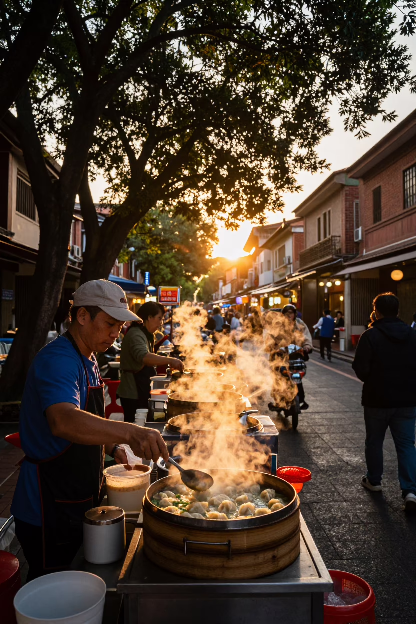 Street Vendor Serving Steaming Wonton Soup at Sunset in Tainan Traditional Market Alley in in Tainan, Taiwan