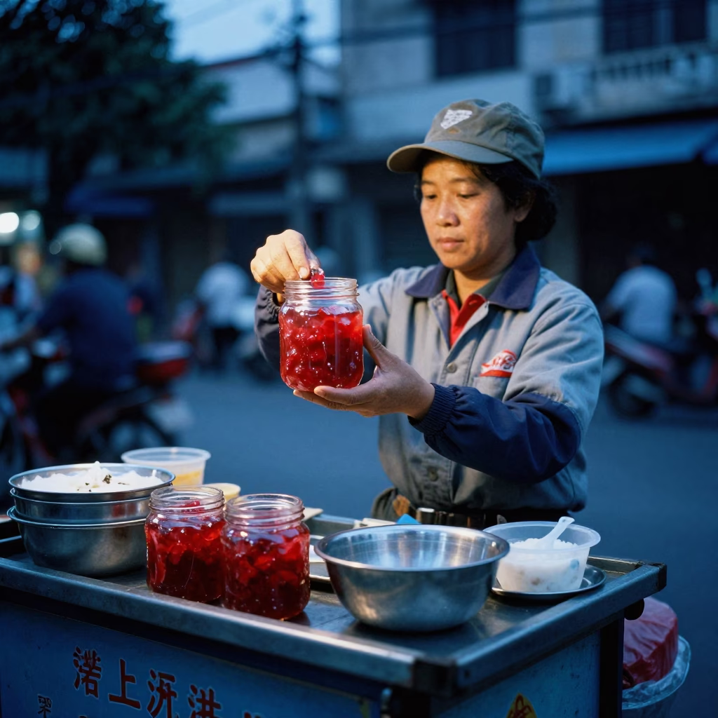 Street Vendor Serving Sweet Vietnamese Dessert at Blue Hour in Ho Chi Minh City in in Ho Chi Minh City, Vietnam