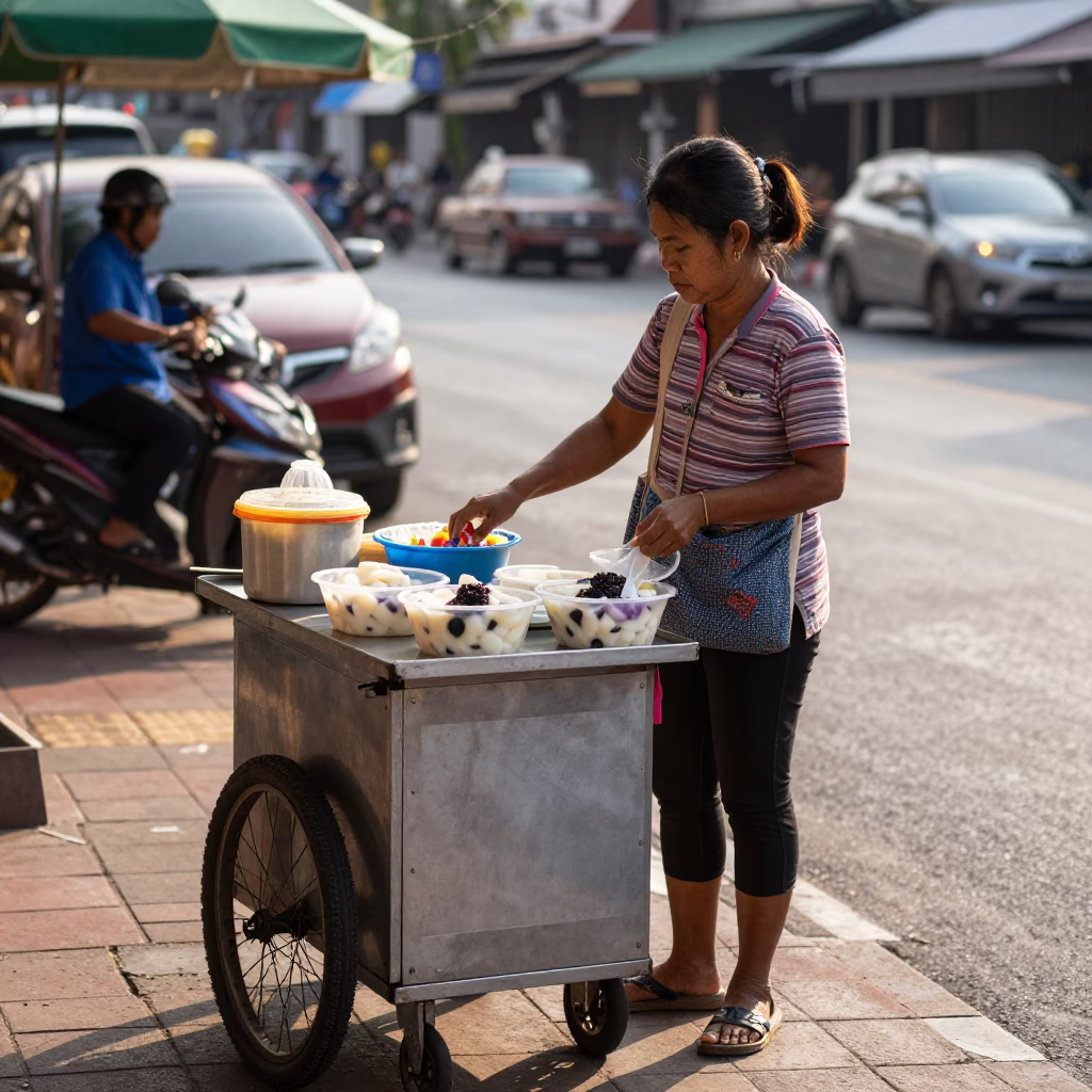 Street vendor serving taho dessert in Phuket Thailand early afternoon in in Phuket, Thailand