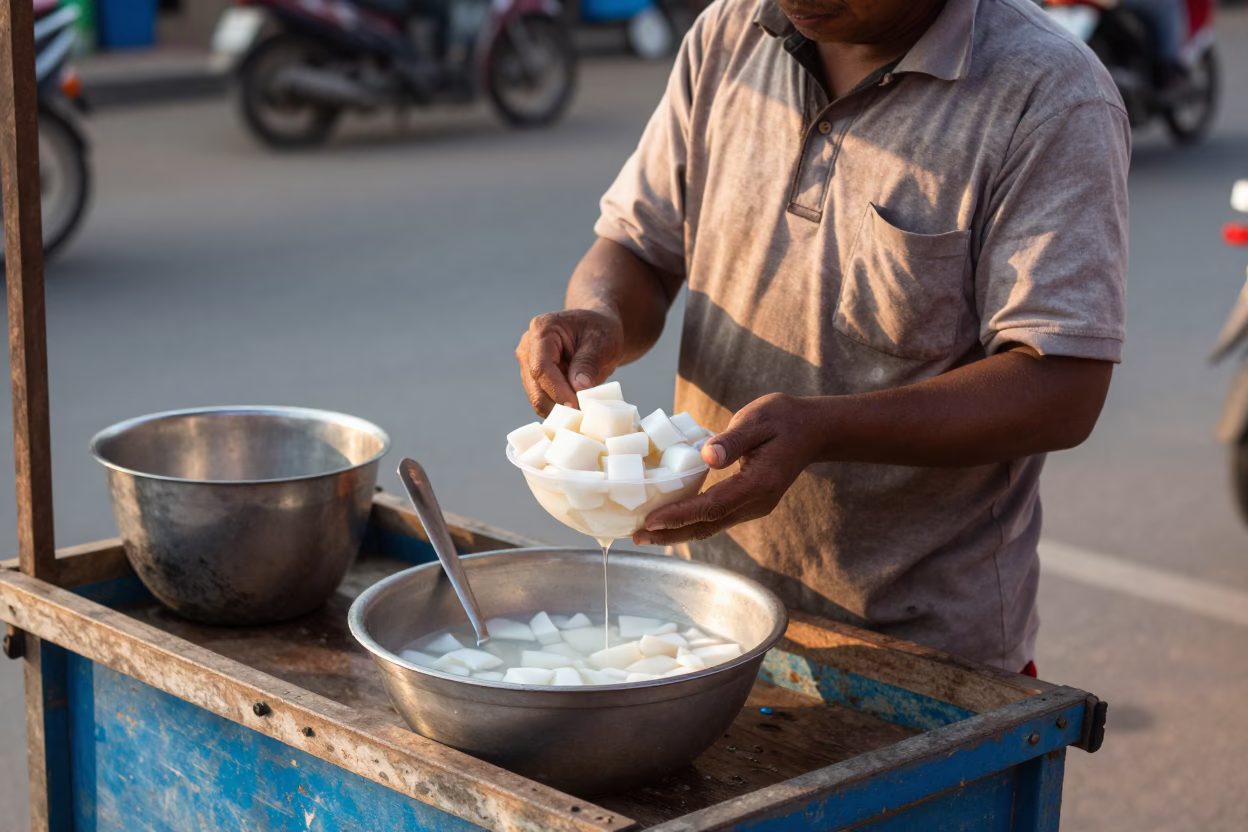 Street Vendor Serving Taho with Tapioca Syrup in Phnom Penh Cambodia at First Light in in Phnom Penh, Cambodia