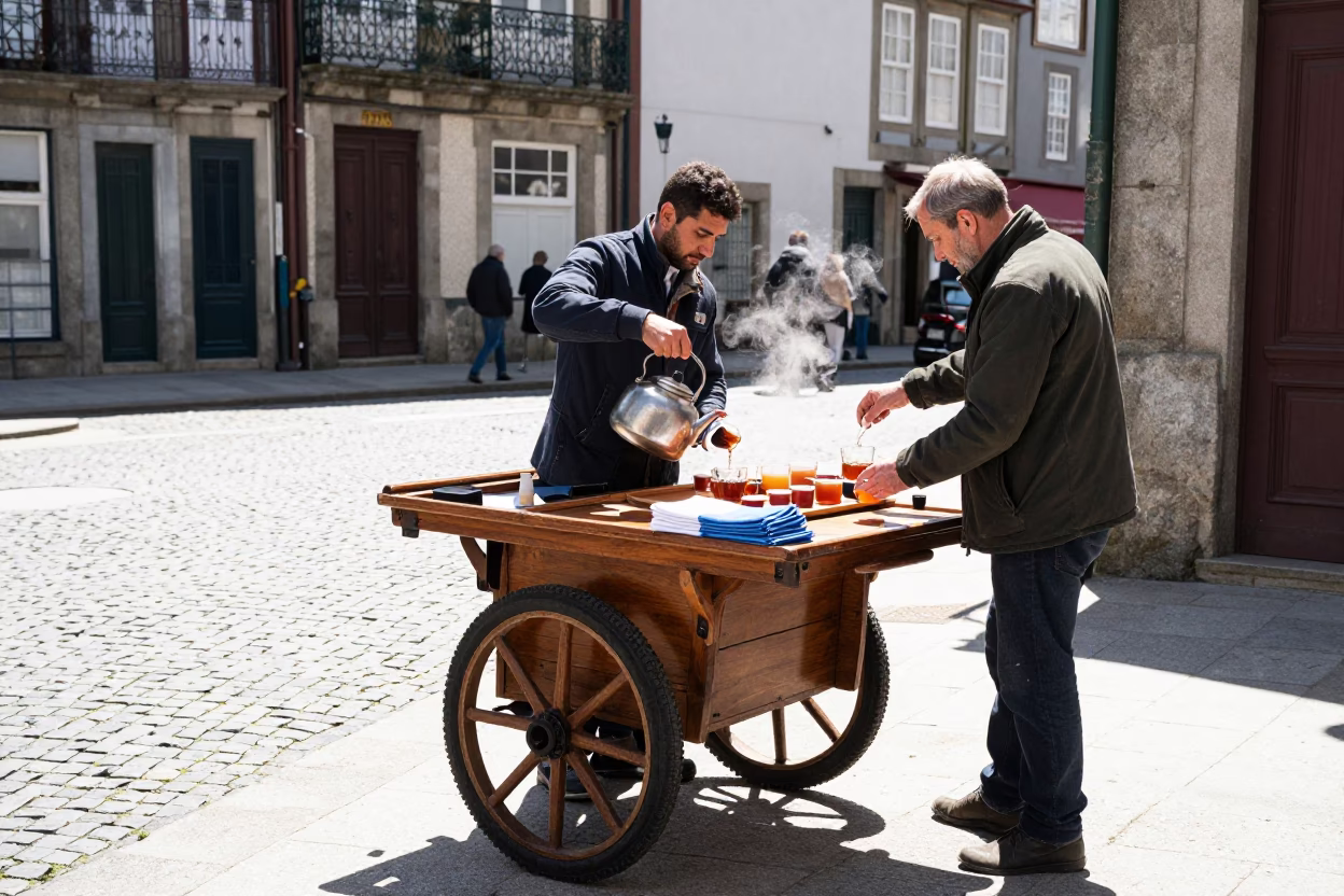 Street Vendor Serving Tea in Porto Portugal Midday Scene in in Porto, Portugal